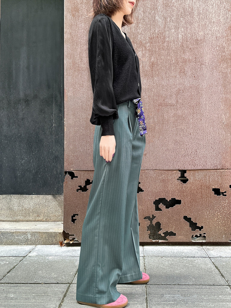 Final Sale! Green Stripe Crease Front Wide-Leg Trousers w/Removable Silky Sash