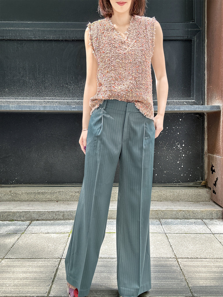 Final Sale! Green Stripe Crease Front Wide-Leg Trousers w/Removable Silky Sash