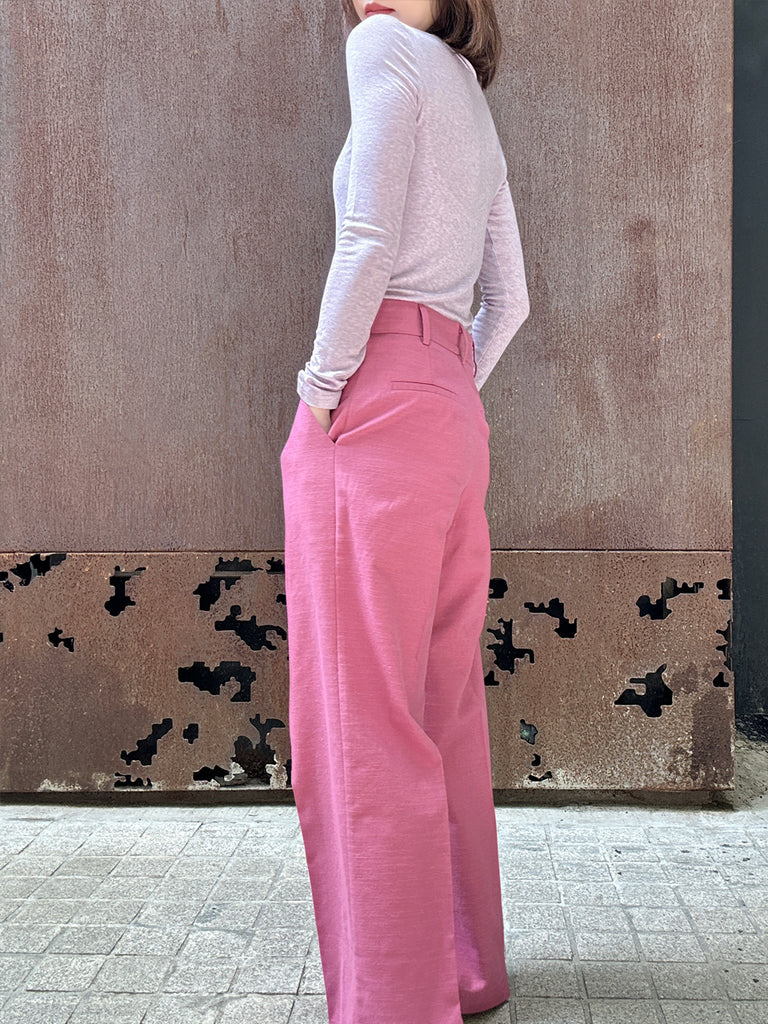 Final Sale! Sweet Pink Crease Front Wide-Leg Trousers w/Removable Silky Sash