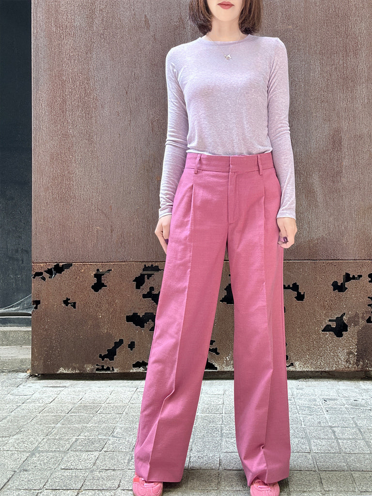 Final Sale! Sweet Pink Crease Front Wide-Leg Trousers w/Removable Silky Sash