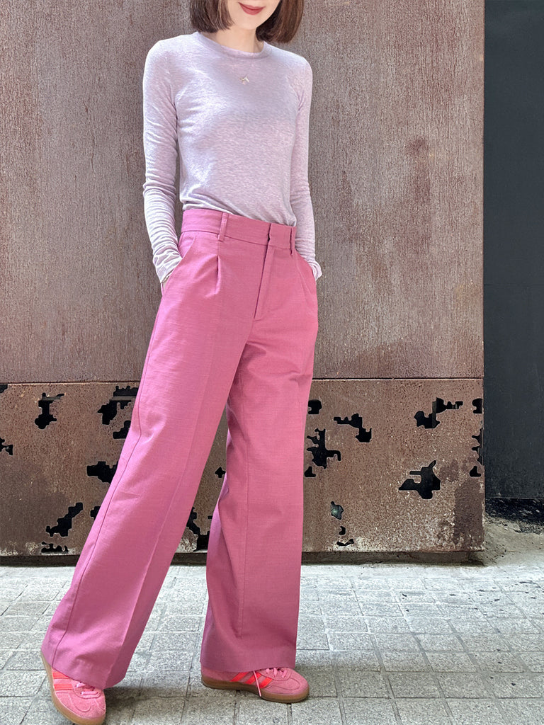 Final Sale! Sweet Pink Crease Front Wide-Leg Trousers w/Removable Silky Sash
