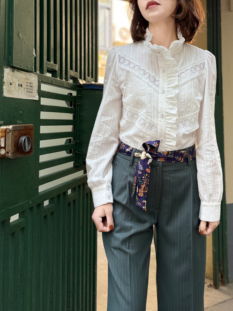 Patch Lace Ruffled Placket Stand Collar Shirt