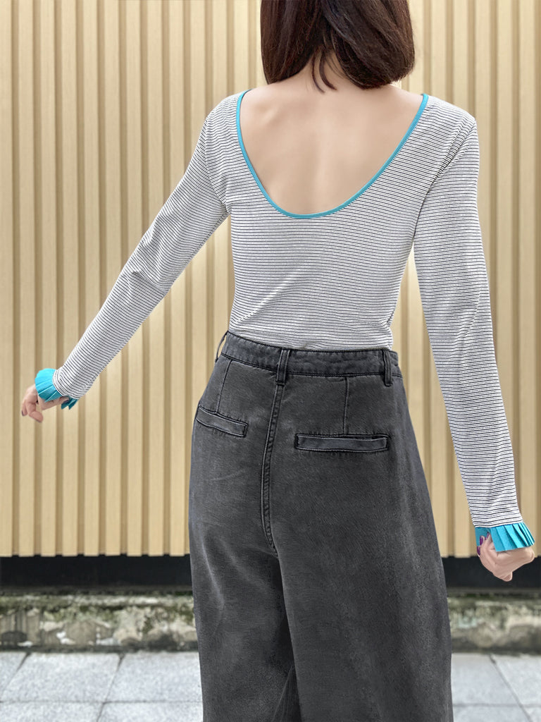 Final Sale! Black/ White Stripe Contrast Ruffle Cuff U-back Knit Top