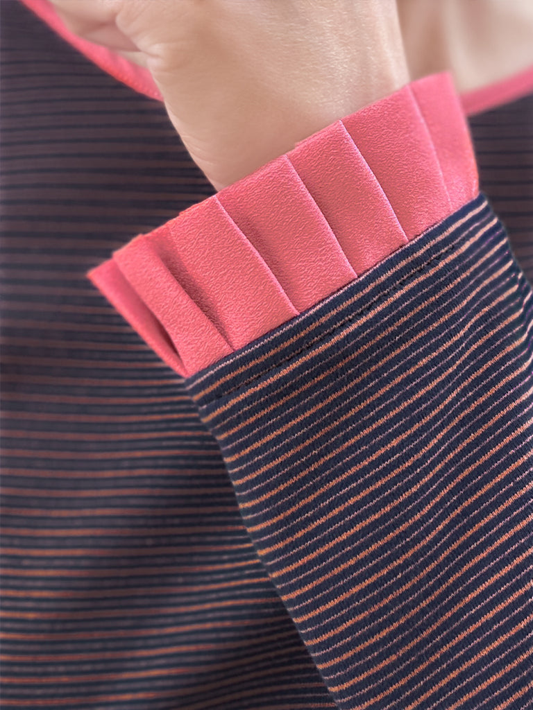 Final Sale! Navy/ Orange Stripe Contrast Ruffle Cuff U-back Knit Top