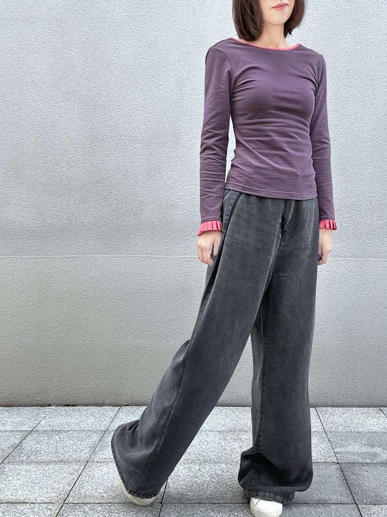 Final Sale! Navy/ Orange Stripe Contrast Ruffle Cuff U-back Knit Top