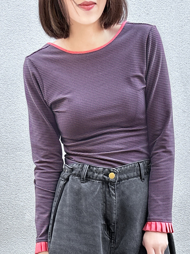 Final Sale! Navy/ Orange Stripe Contrast Ruffle Cuff U-back Knit Top