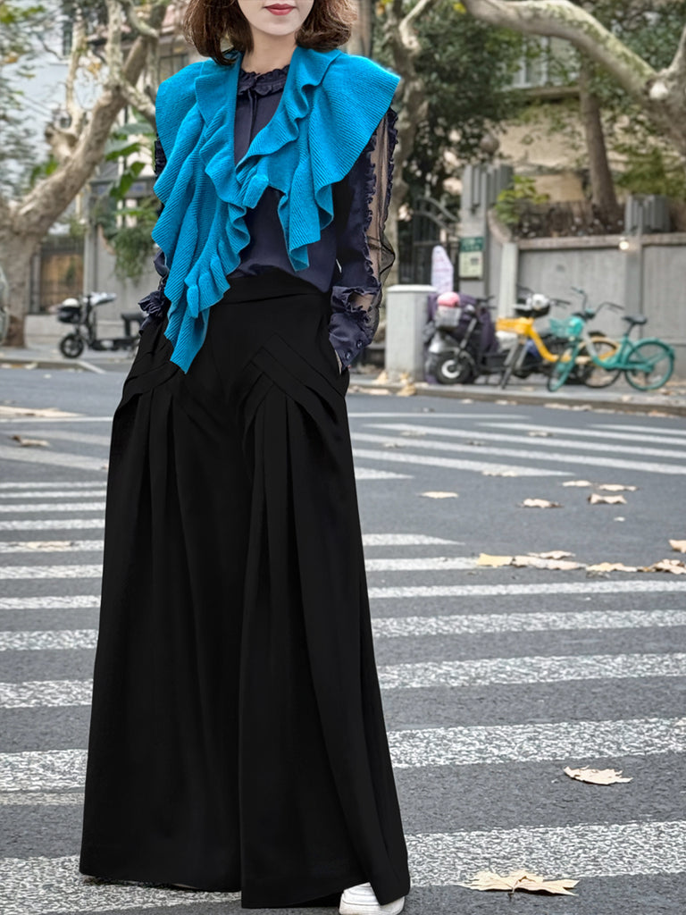 Black Origami Pleated Front Wide-Leg Dress Trousers