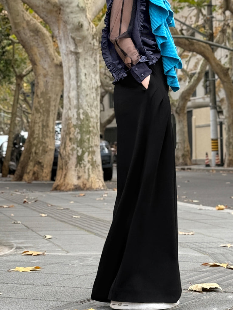 Black Origami Pleated Front Wide-Leg Dress Trousers