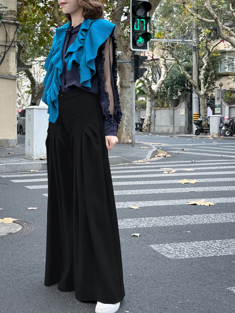 Black Origami Pleated Front Wide-Leg Dress Trousers