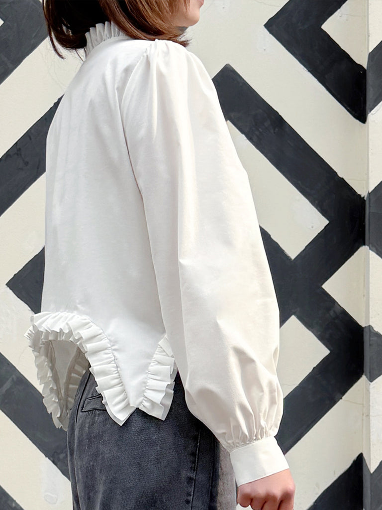 White Stand Collar Ruffled Raw Hem Statement Blouse
