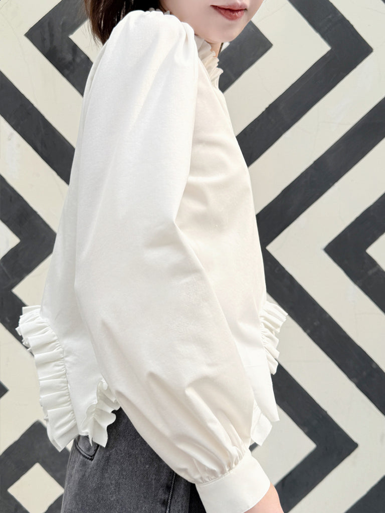 White Stand Collar Ruffled Raw Hem Statement Blouse