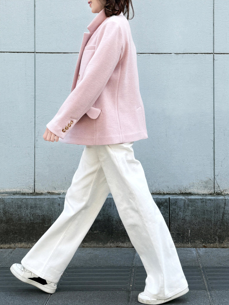 Soft Pink Pocket Detail Double Breasted Cashmere Woollen Blazer