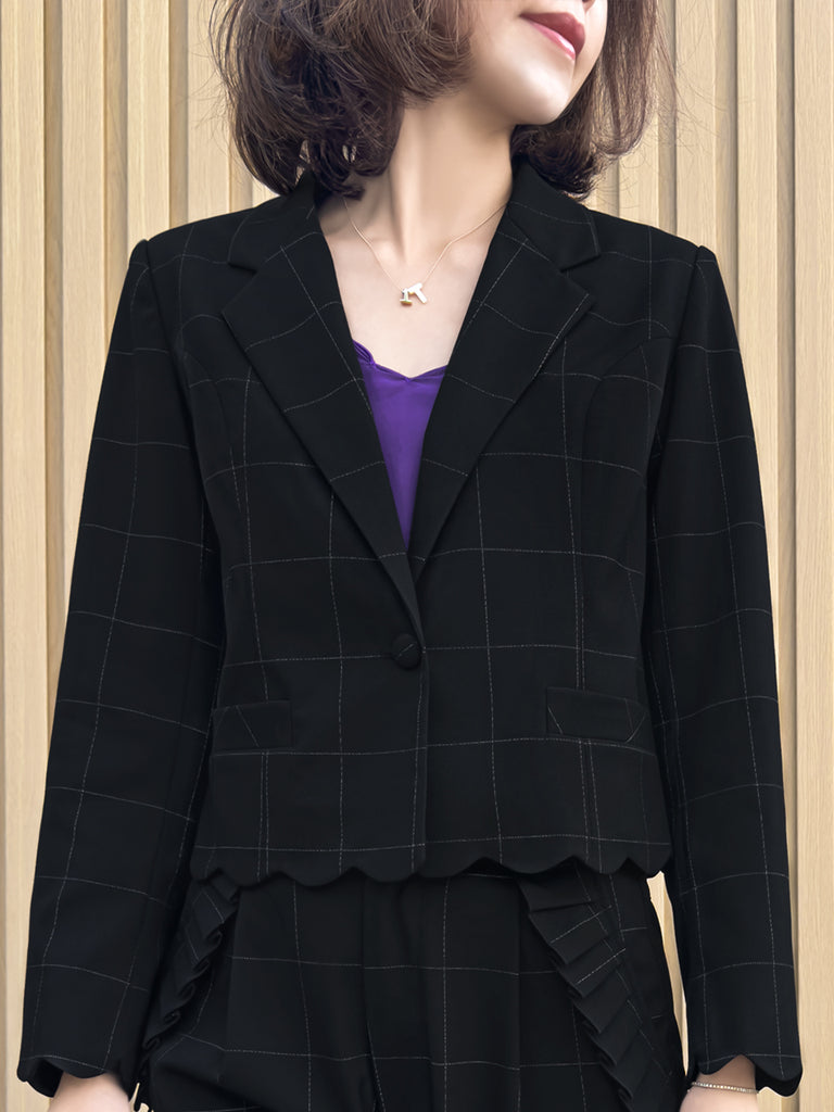Black Checks Scallop Detail Cropped Boxy Blazer