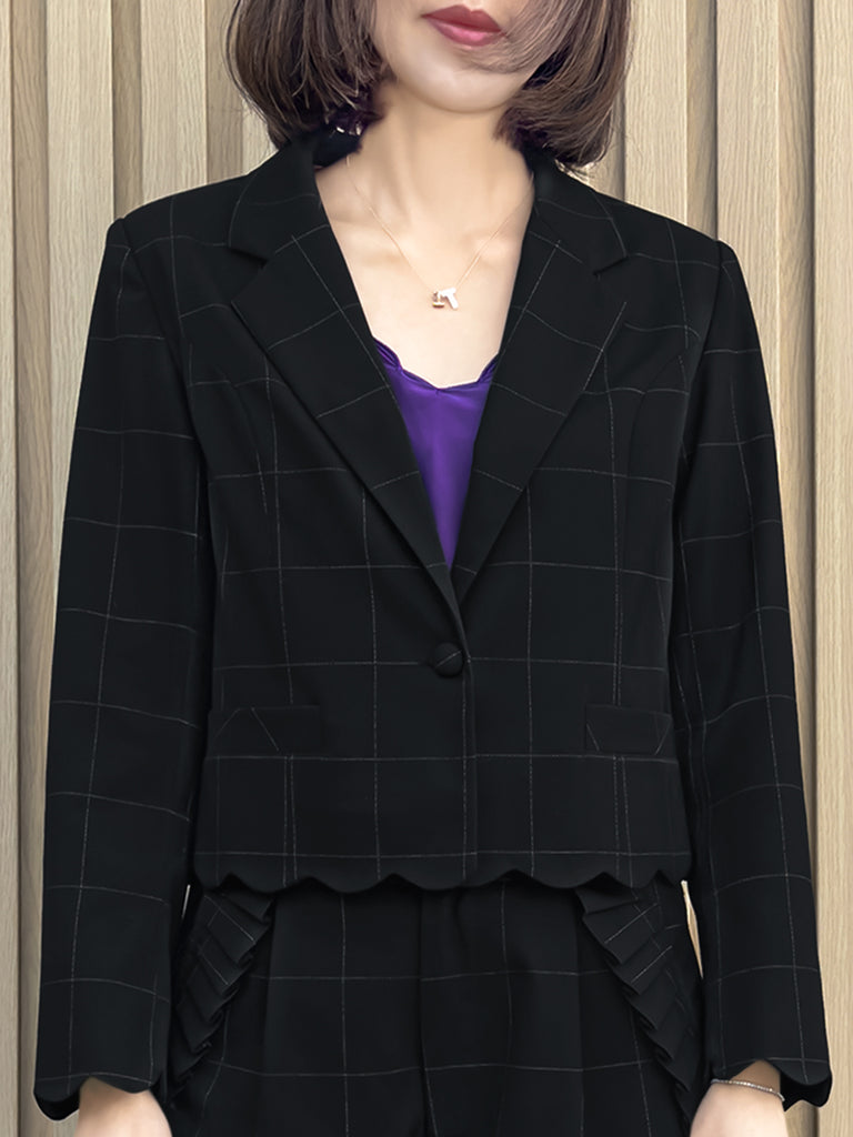 Black Checks Scallop Detail Cropped Boxy Blazer