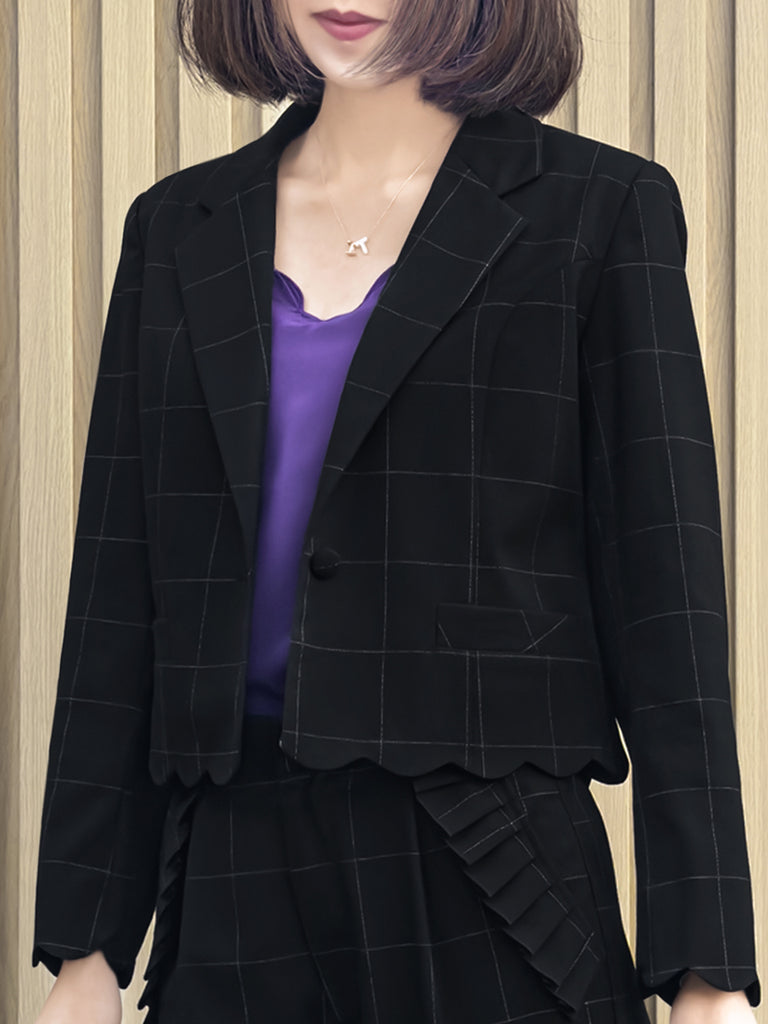 Black Checks Scallop Detail Cropped Boxy Blazer