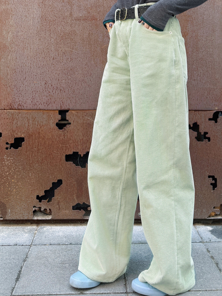 Surprise Sale! Misty Green Cotton Blend Corduroy Wide-Leg Trousers