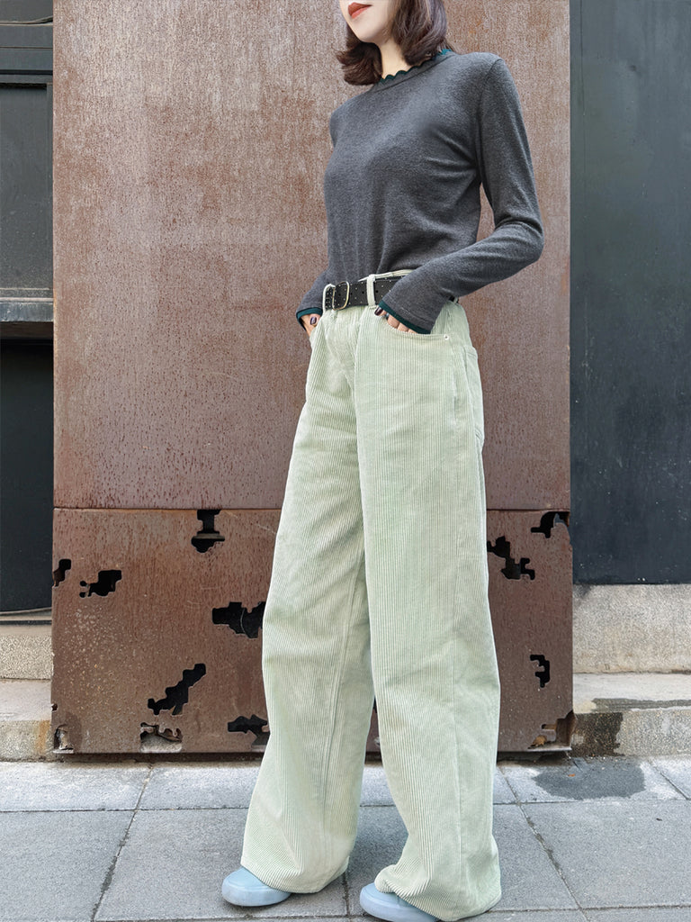Surprise Sale! Misty Green Cotton Blend Corduroy Wide-Leg Trousers