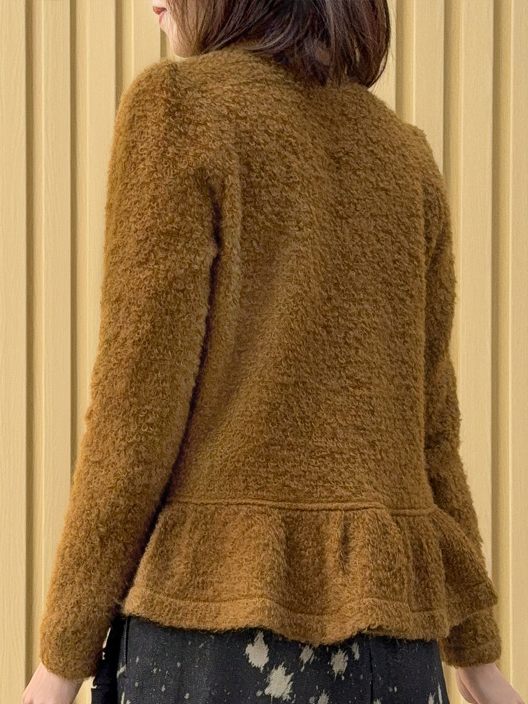 Mustard Yellow Mohair Ruffle Hem Pearly Buttons Lightweight Coat