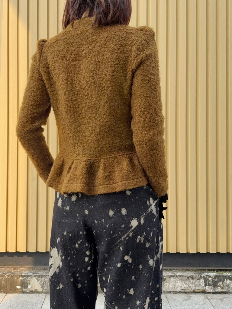 Mustard Yellow Mohair Ruffle Hem Pearly Buttons Lightweight Coat