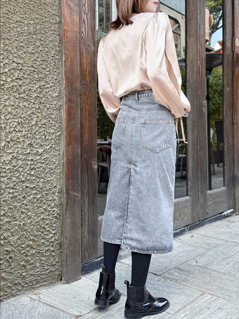 Light Beige Slit Sleeve Tie Cuffs V-neck Silky Blouse