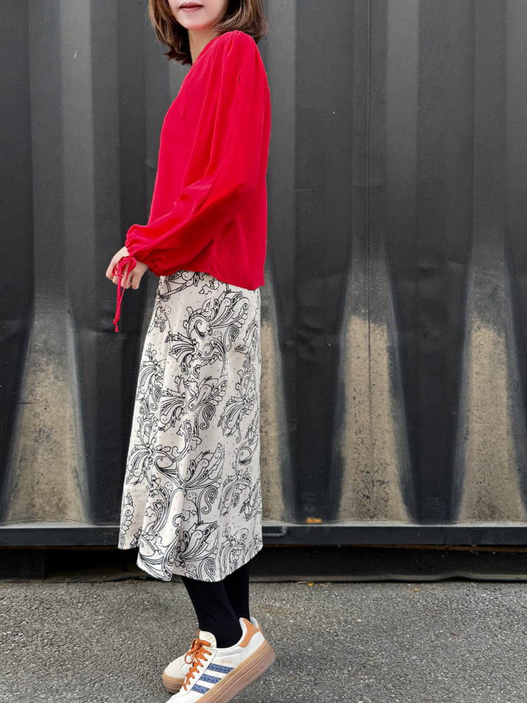 Racing Red Slit Sleeve Tie Cuffs V-neck Silky Blouse