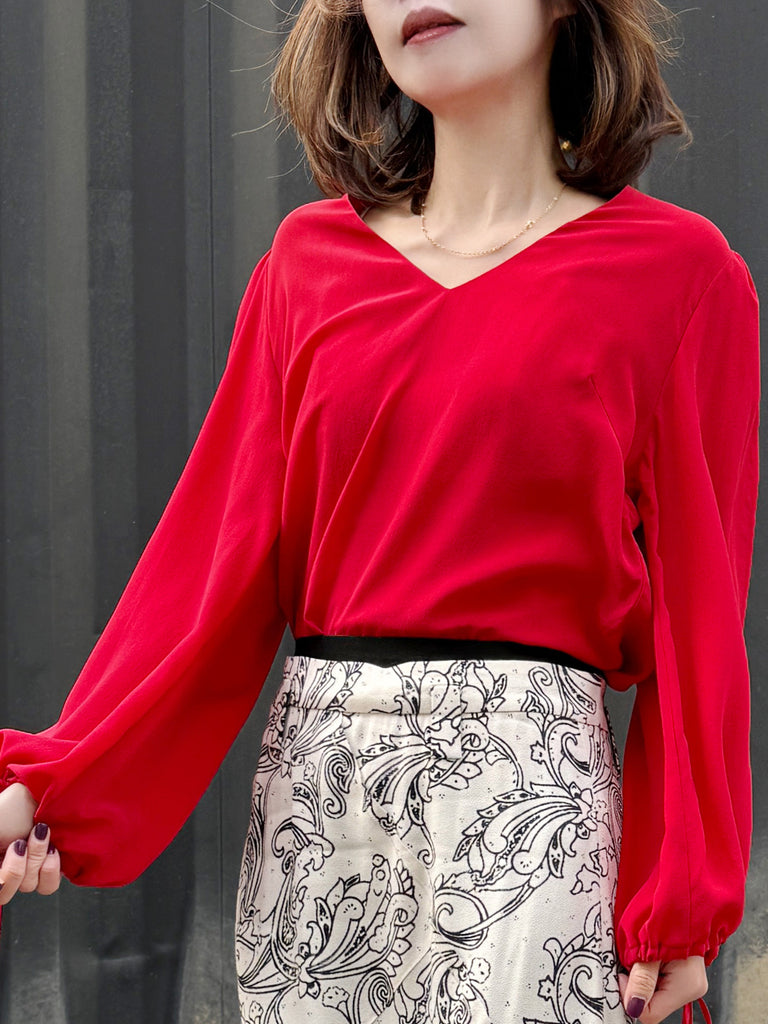 Racing Red Slit Sleeve Tie Cuffs V-neck Silky Blouse