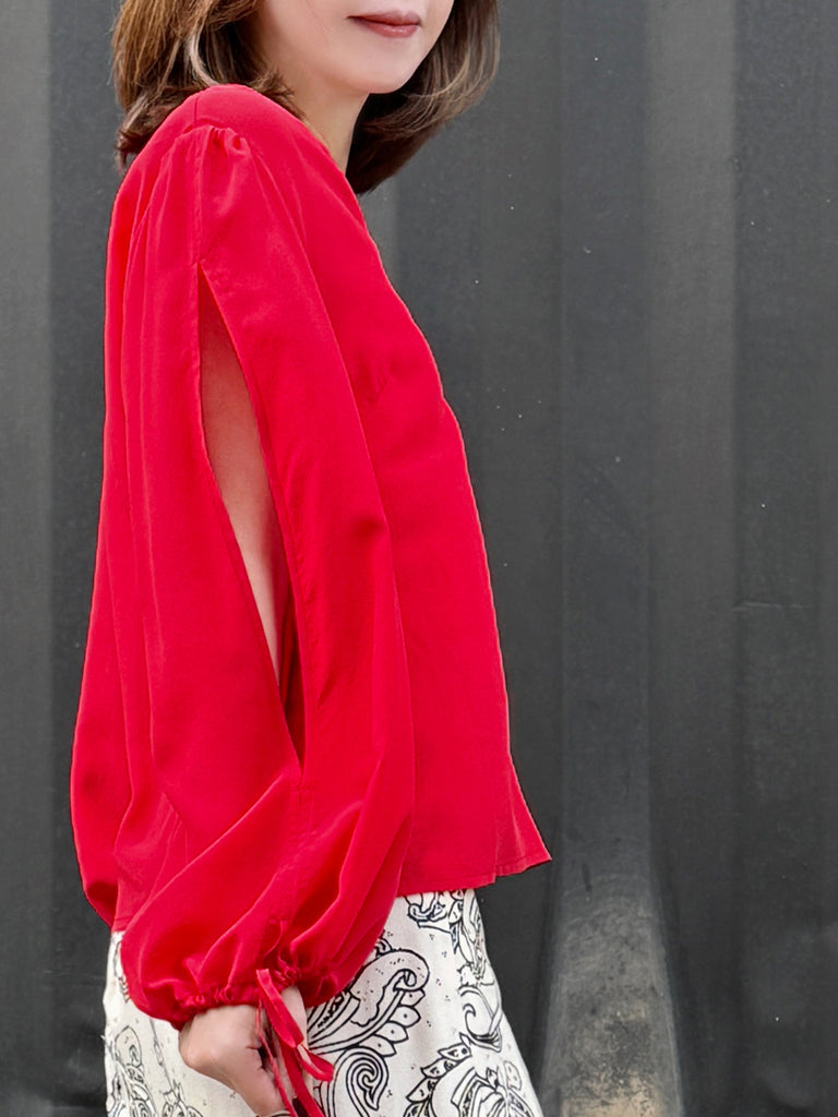 Racing Red Slit Sleeve Tie Cuffs V-neck Silky Blouse