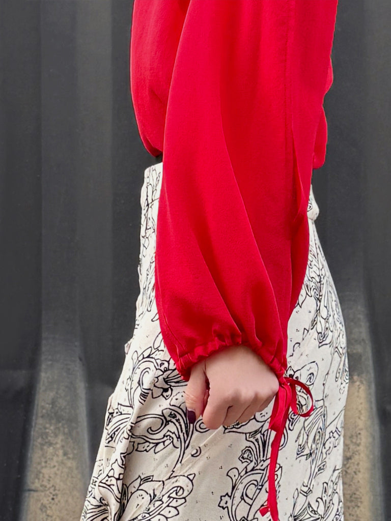 Racing Red Slit Sleeve Tie Cuffs V-neck Silky Blouse