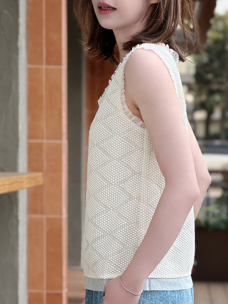 Ivory Textured Cotton Lace Ruffled Tulle Trim Shell