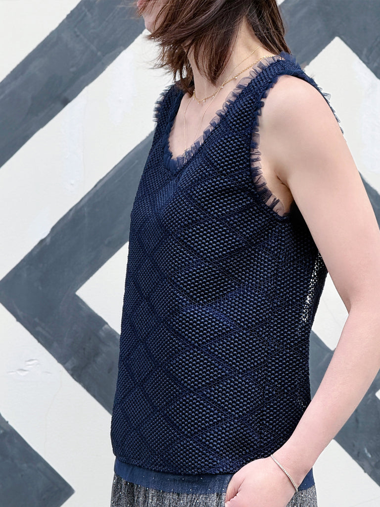 Navy Textured Cotton Lace Ruffled Tulle Trim Shell