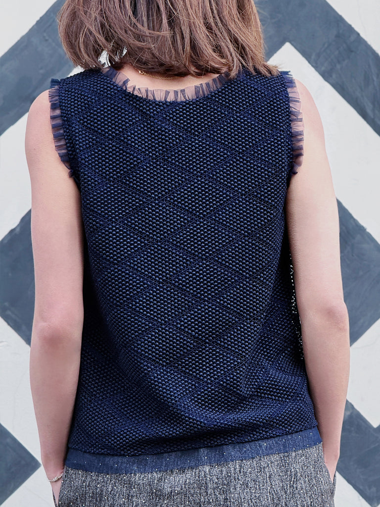 Navy Textured Cotton Lace Ruffled Tulle Trim Shell