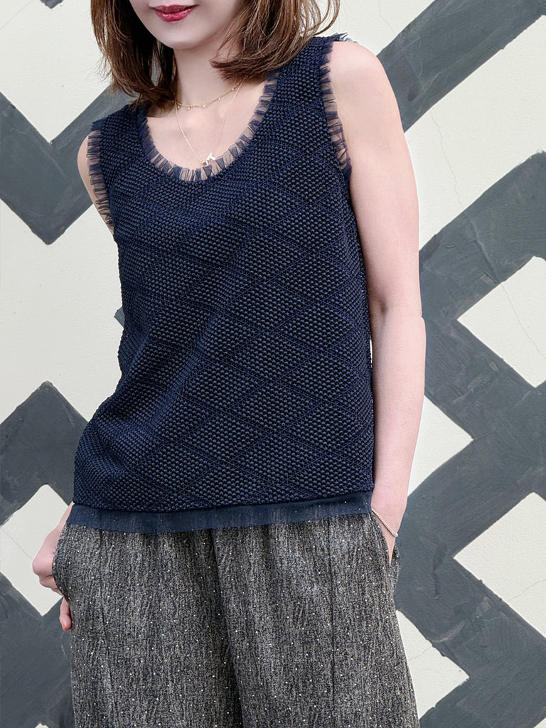 Navy Textured Cotton Lace Ruffled Tulle Trim Shell