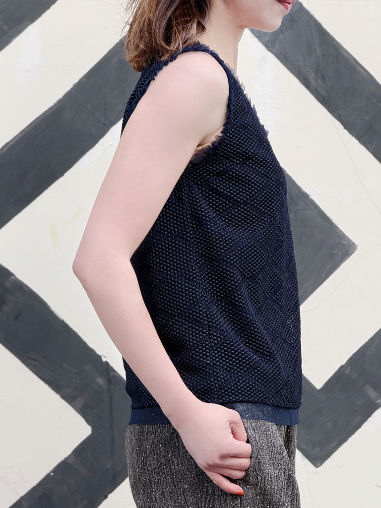 Navy Textured Cotton Lace Ruffled Tulle Trim Shell