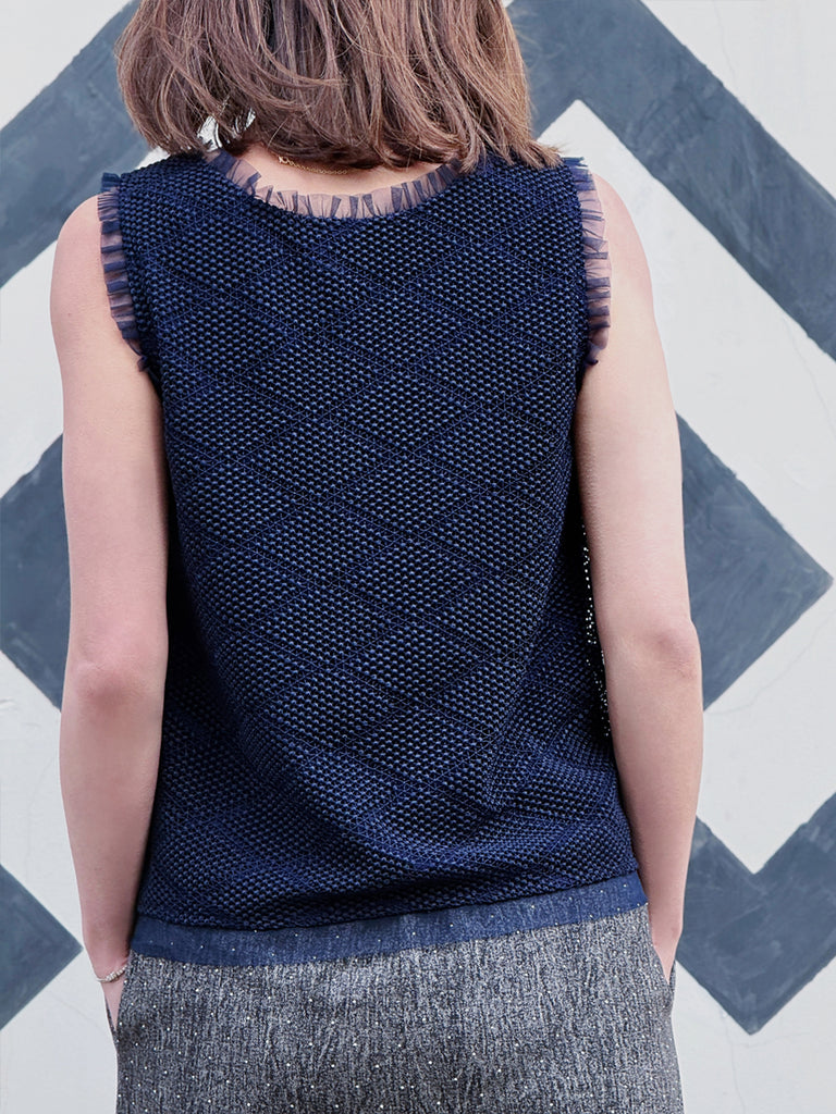 Navy Textured Cotton Lace Ruffled Tulle Trim Shell