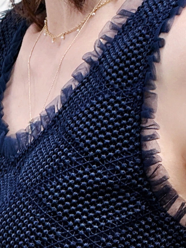 Navy Textured Cotton Lace Ruffled Tulle Trim Shell