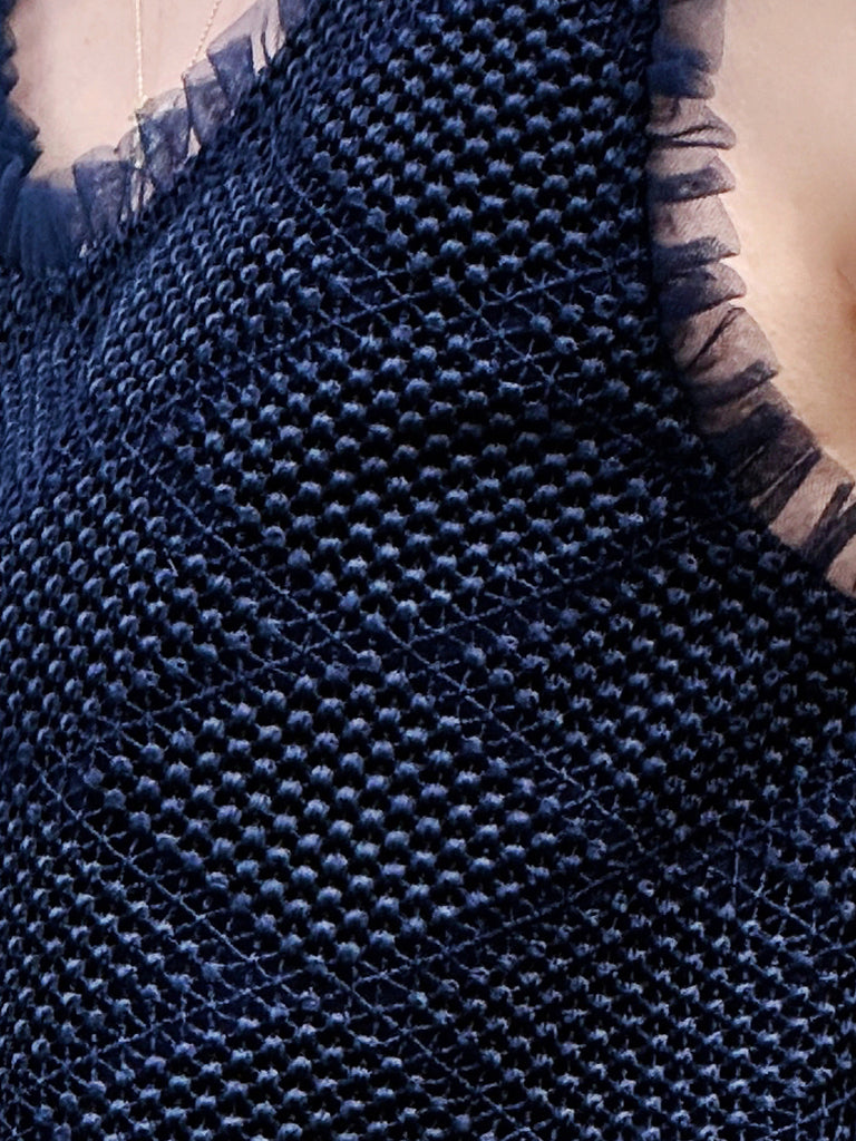 Navy Textured Cotton Lace Ruffled Tulle Trim Shell