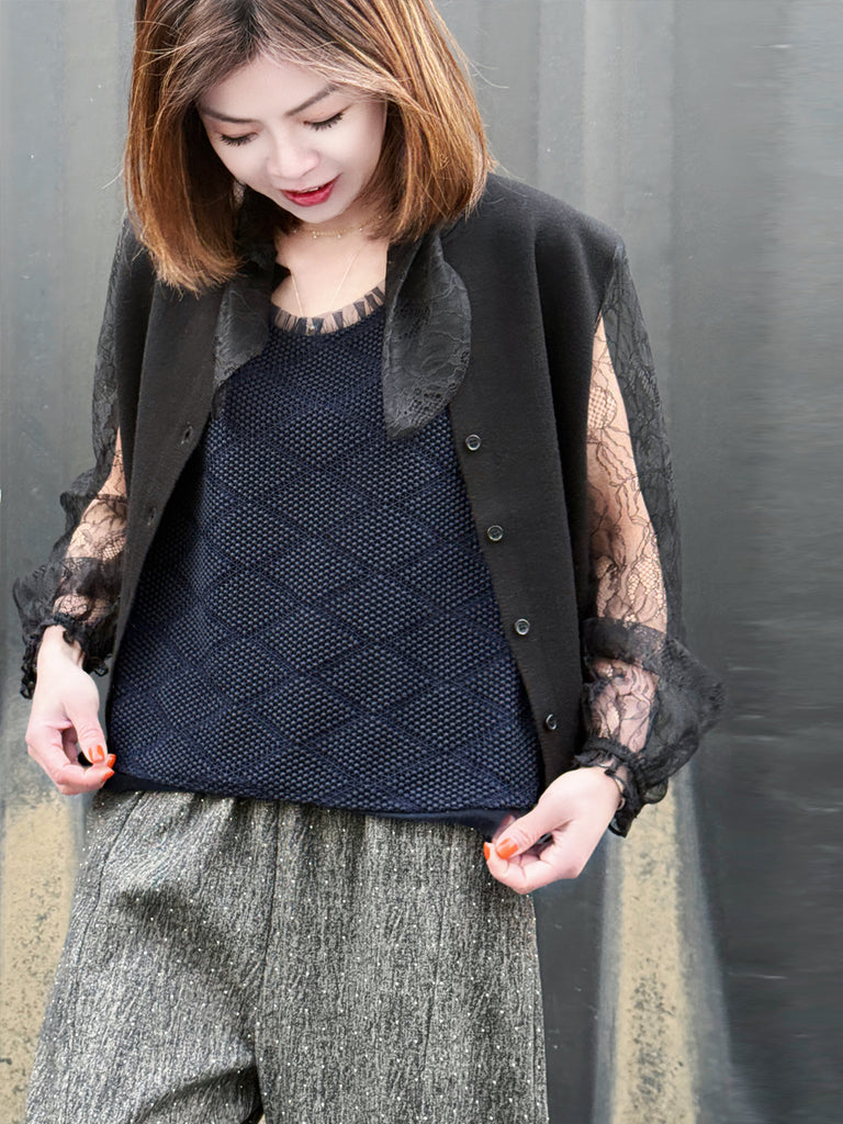 Navy Textured Cotton Lace Ruffled Tulle Trim Shell