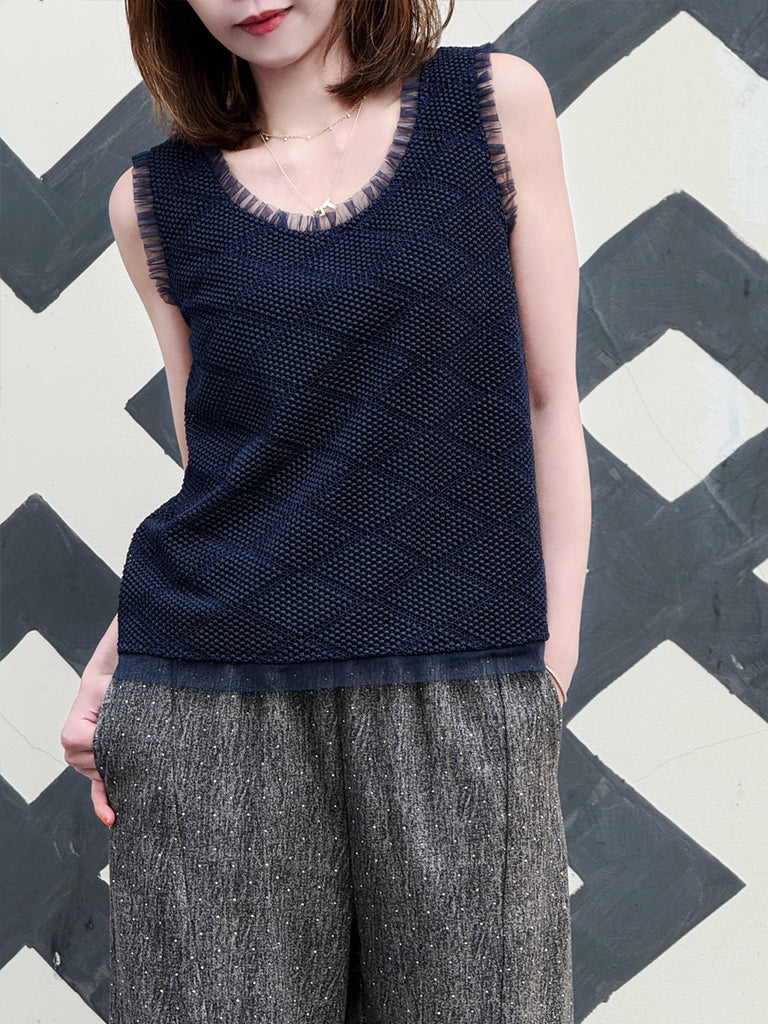 Navy Textured Cotton Lace Ruffled Tulle Trim Shell