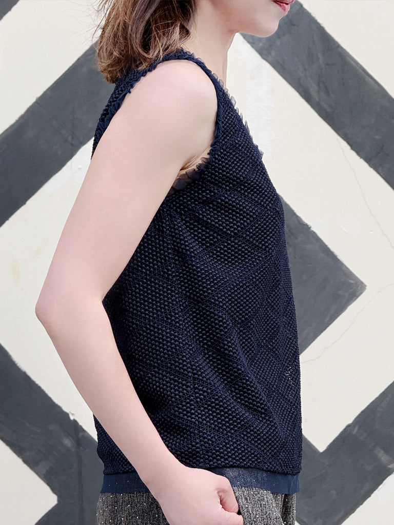 Navy Textured Cotton Lace Ruffled Tulle Trim Shell