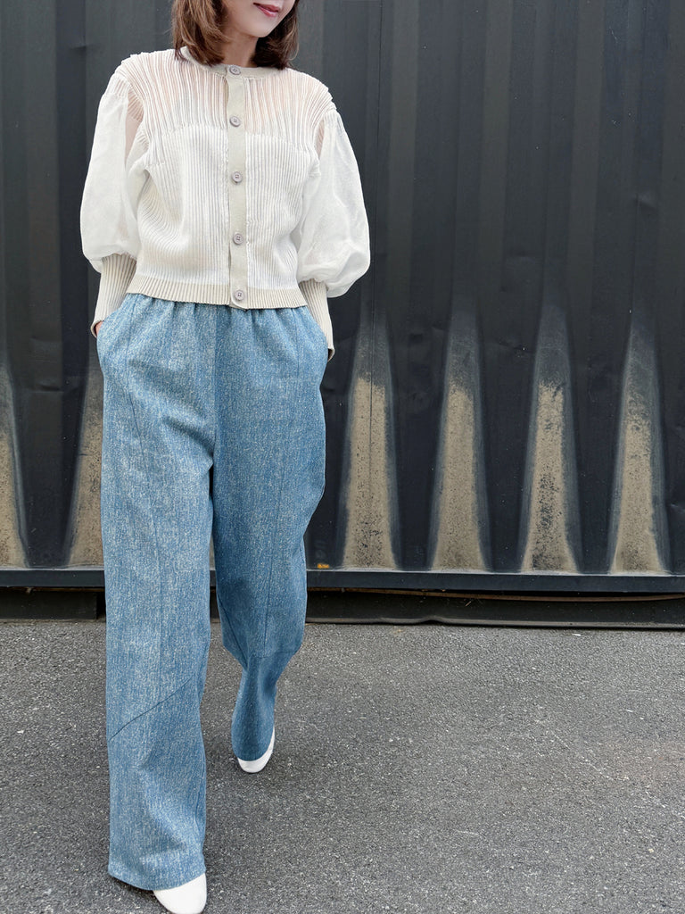 Blue Elastic Waist Structured Barrel-Leg Studded Jeans