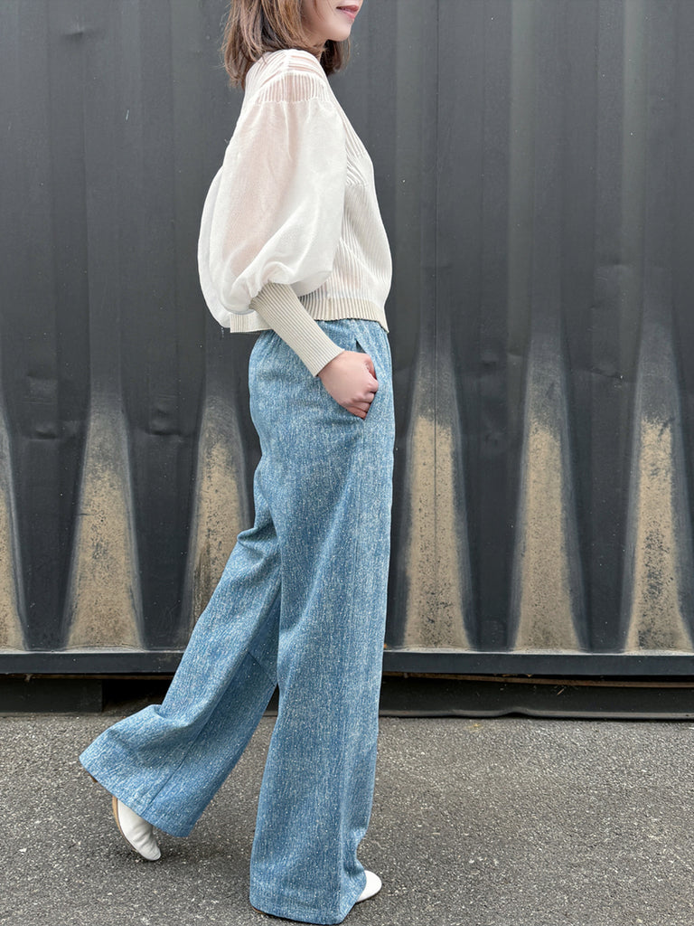 Blue Elastic Waist Structured Barrel-Leg Studded Jeans