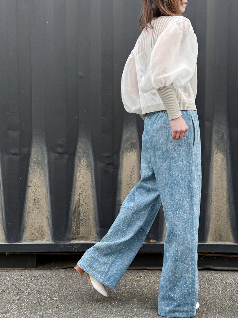 Blue Elastic Waist Structured Barrel-Leg Studded Jeans