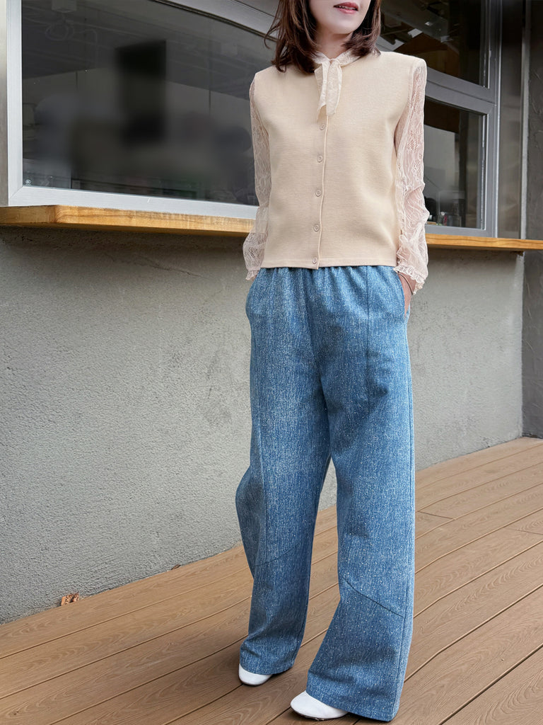 Blue Elastic Waist Structured Barrel-Leg Studded Jeans