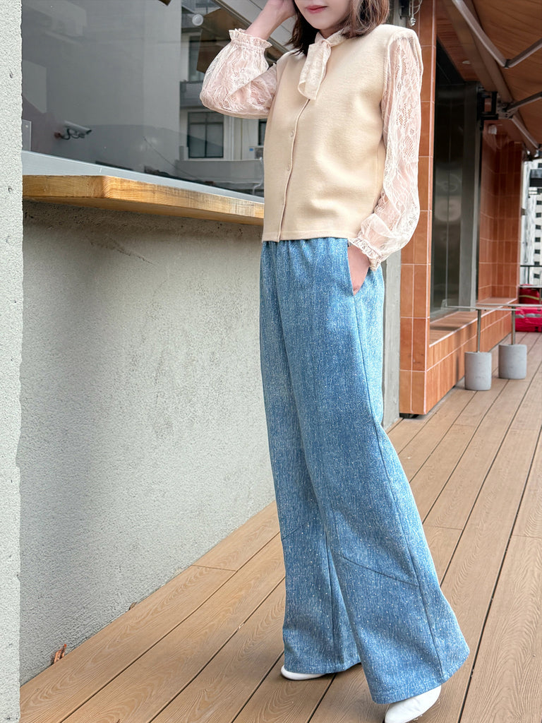 Blue Elastic Waist Structured Barrel-Leg Studded Jeans