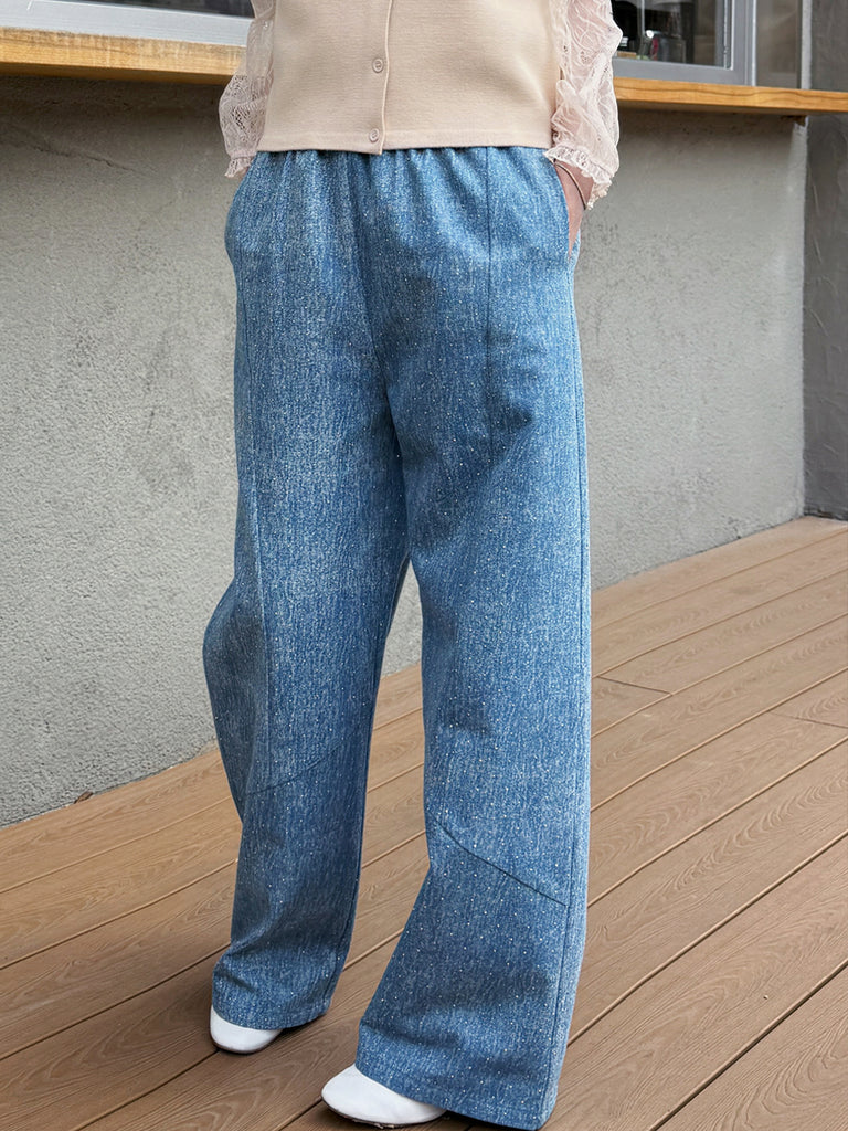 Blue Elastic Waist Structured Barrel-Leg Studded Jeans