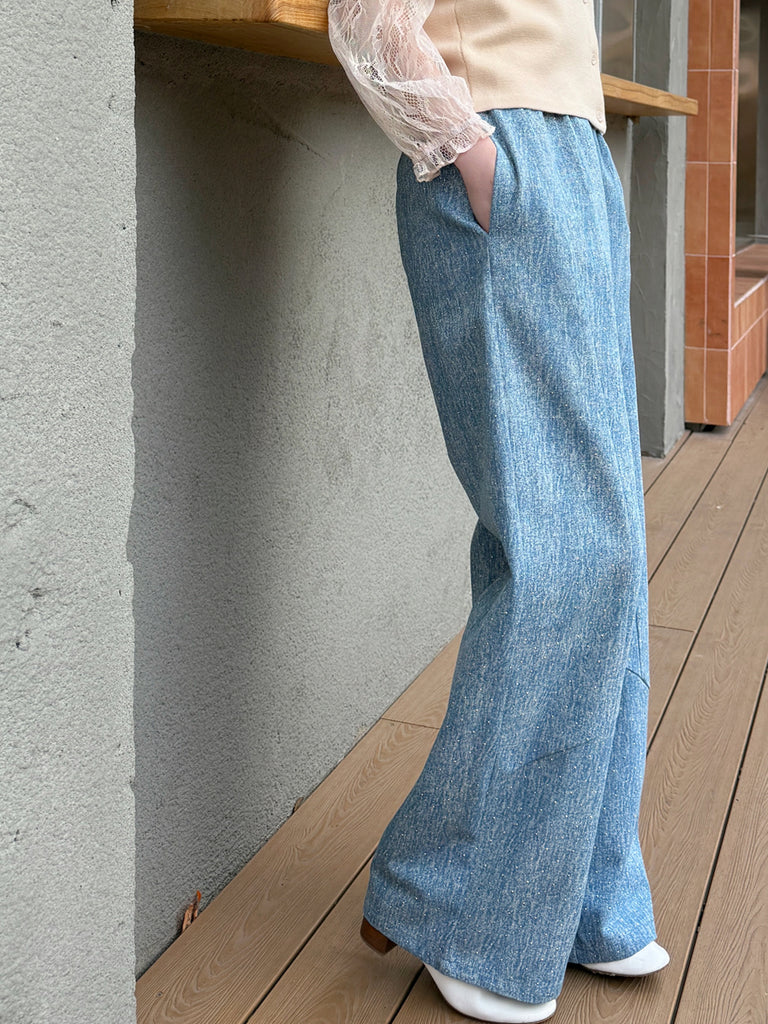 Blue Elastic Waist Structured Barrel-Leg Studded Jeans