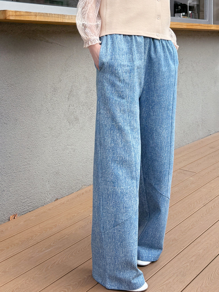 Blue Elastic Waist Structured Barrel-Leg Studded Jeans