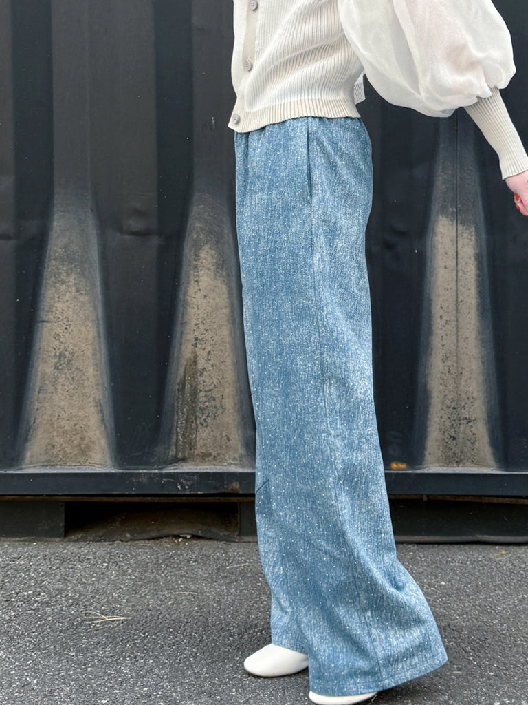 Blue Elastic Waist Structured Barrel-Leg Studded Jeans