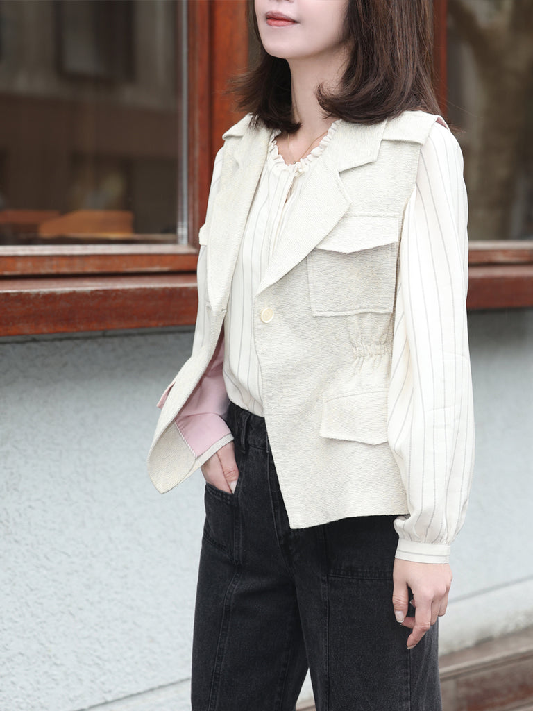 Classic Stripe Ruffle Collar Balloon Raglan Sleeve Silky Blouse