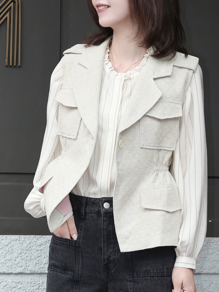 Classic Stripe Ruffle Collar Balloon Raglan Sleeve Silky Blouse